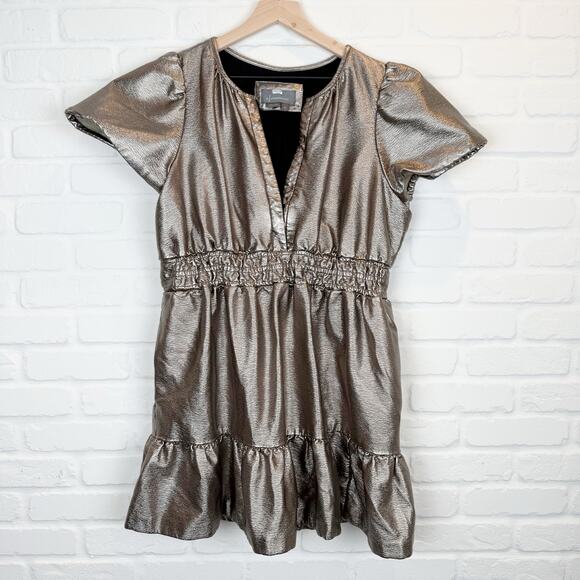 Anthropologie the Somerset Tiered Mini Dress Metallic Silver Pewter Pockets XL - Picture 1 of 12